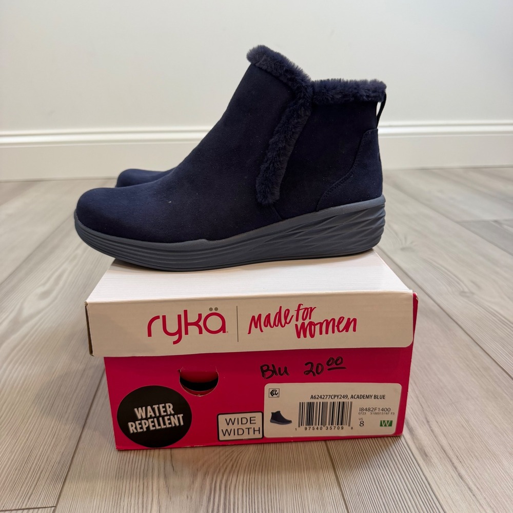 NEW Ryka Neela Academy Blue Water Repellent Faux Fur Ankle Boots Wide Width 8W